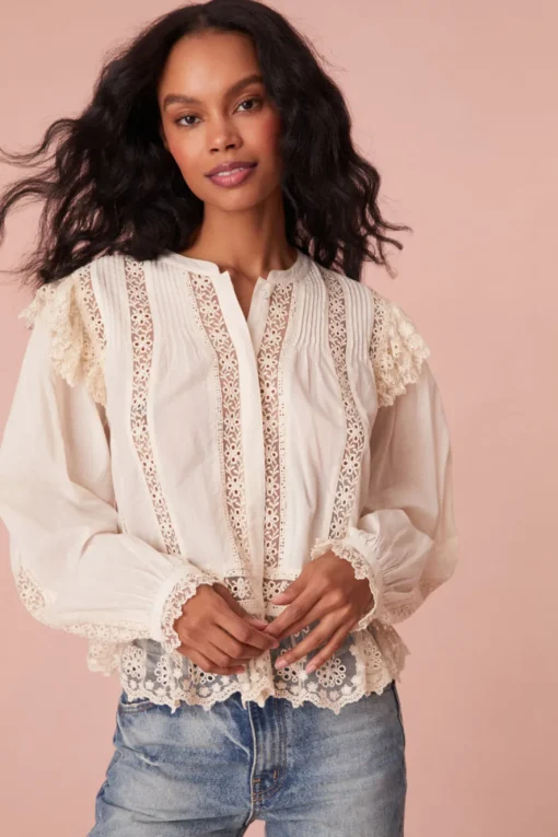 Women LoveShackFancy Kava Cotton Ruffle Long Sleeve Blouse