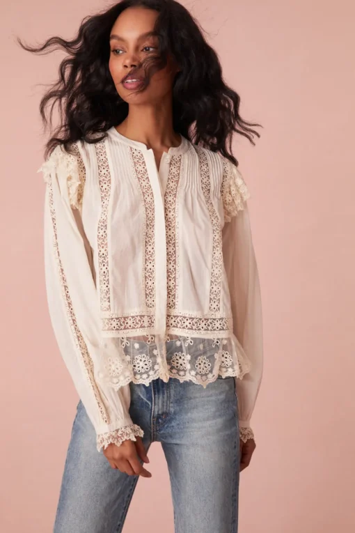 Women LoveShackFancy Kava Cotton Ruffle Long Sleeve Blouse