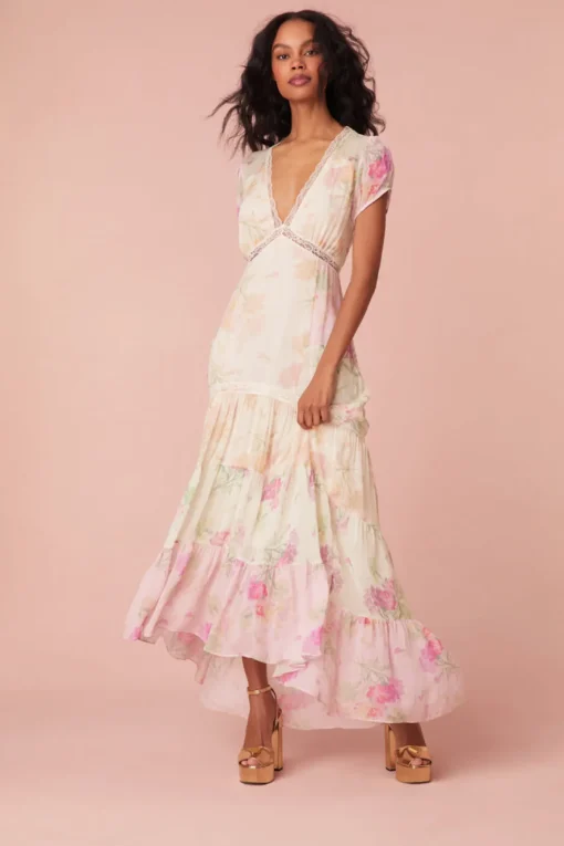Women LoveShackFancy Roupell V-Neck Chiffon Maxi Dress