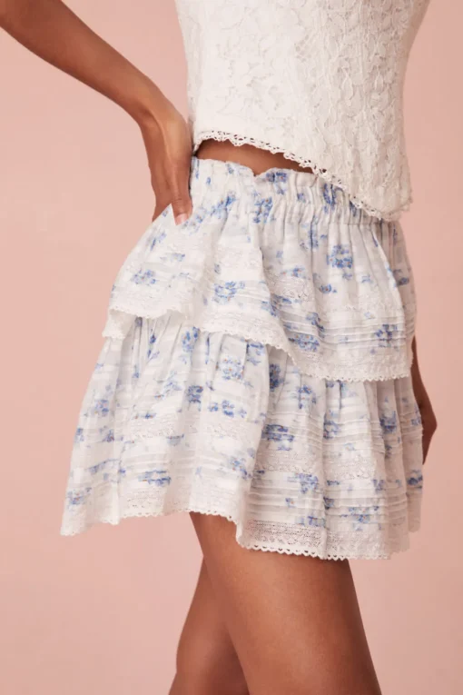 Women LoveShackFancy Ruffle Mini Blue Floral Skirt