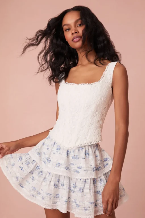 Women LoveShackFancy Ruffle Mini Blue Floral Skirt