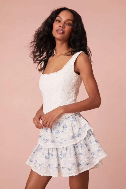 Women LoveShackFancy Ruffle Mini Blue Floral Skirt